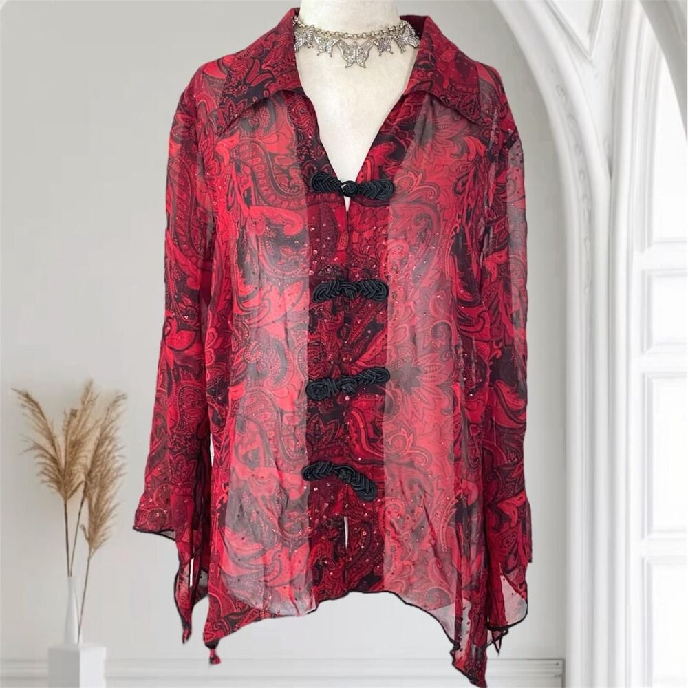 Red Black Whimsygoth Split Sleeve Asymmetric Semi Sheer Mesh Blouse L
